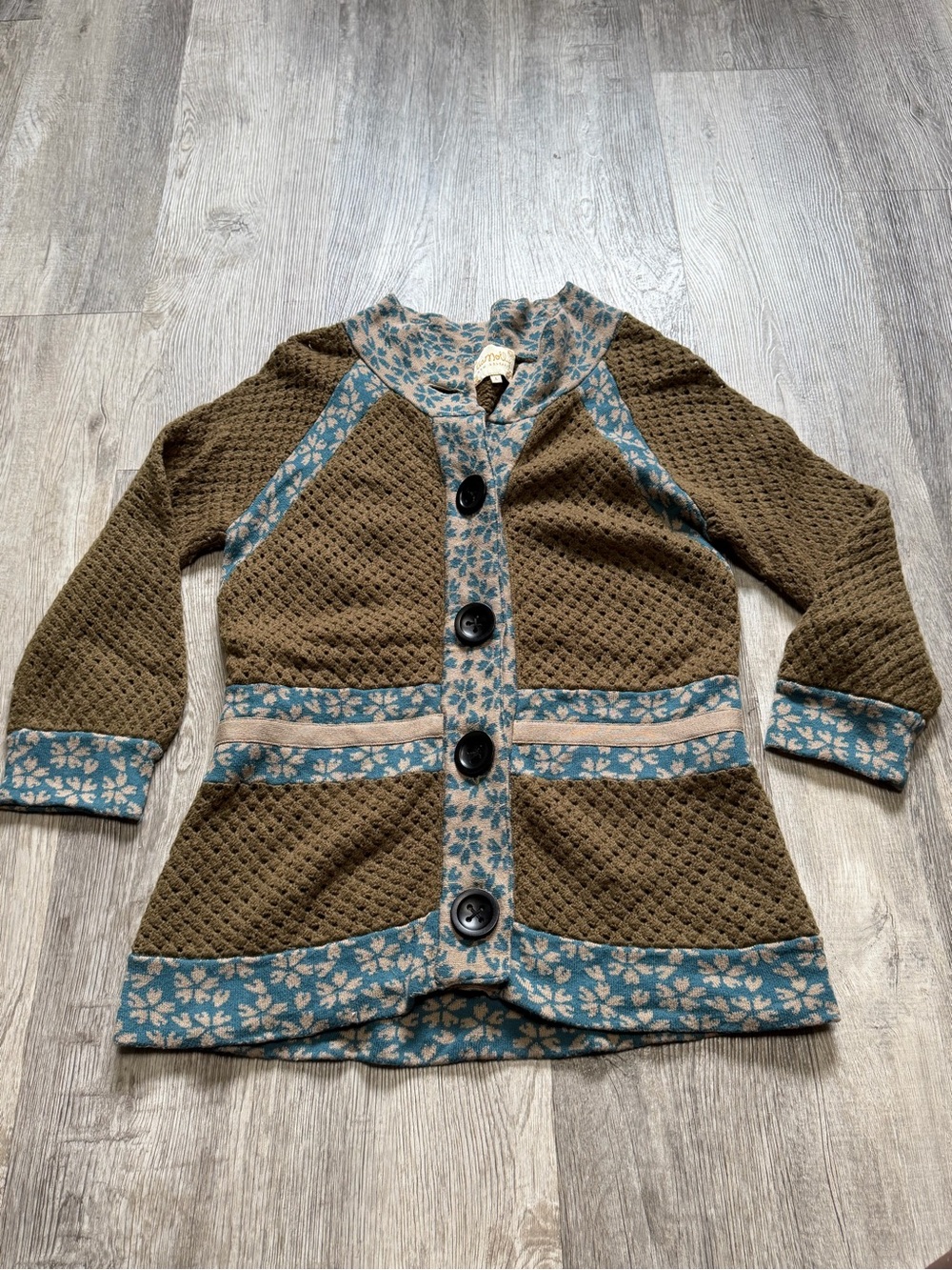 Anthropologie Lia Molly Floral-Trim Olive Knit Sweater Cardigan Button Large